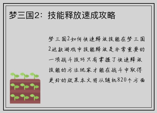 梦三国2：技能释放速成攻略
